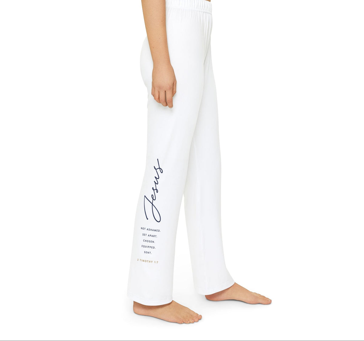 Kids Pants — White Relaxed loose with Jesus Script Accent