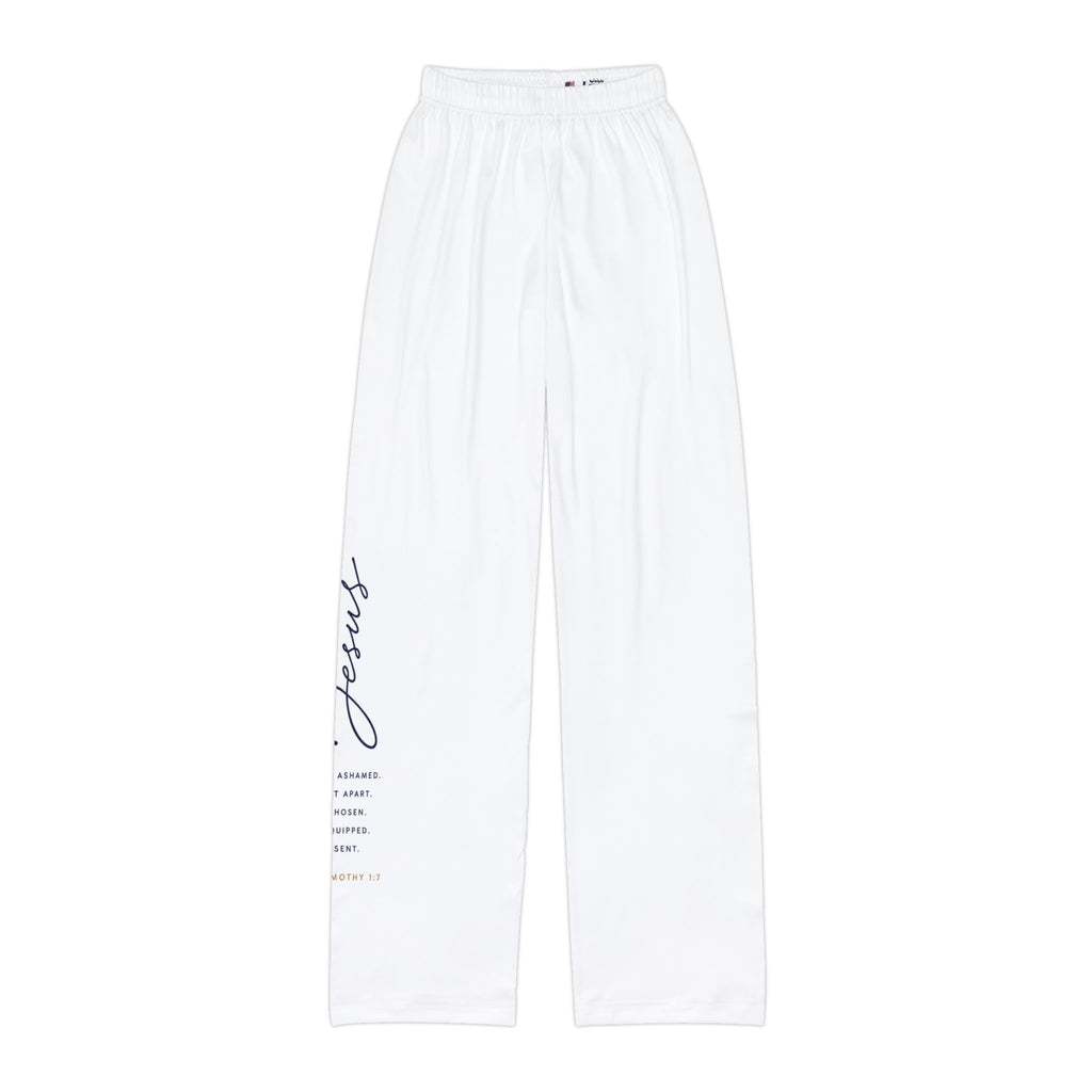 Kids Pants — White Relaxed loose with Jesus Script Accent