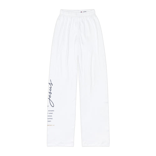 Kids Pants — White Relaxed loose with Jesus Script Accent